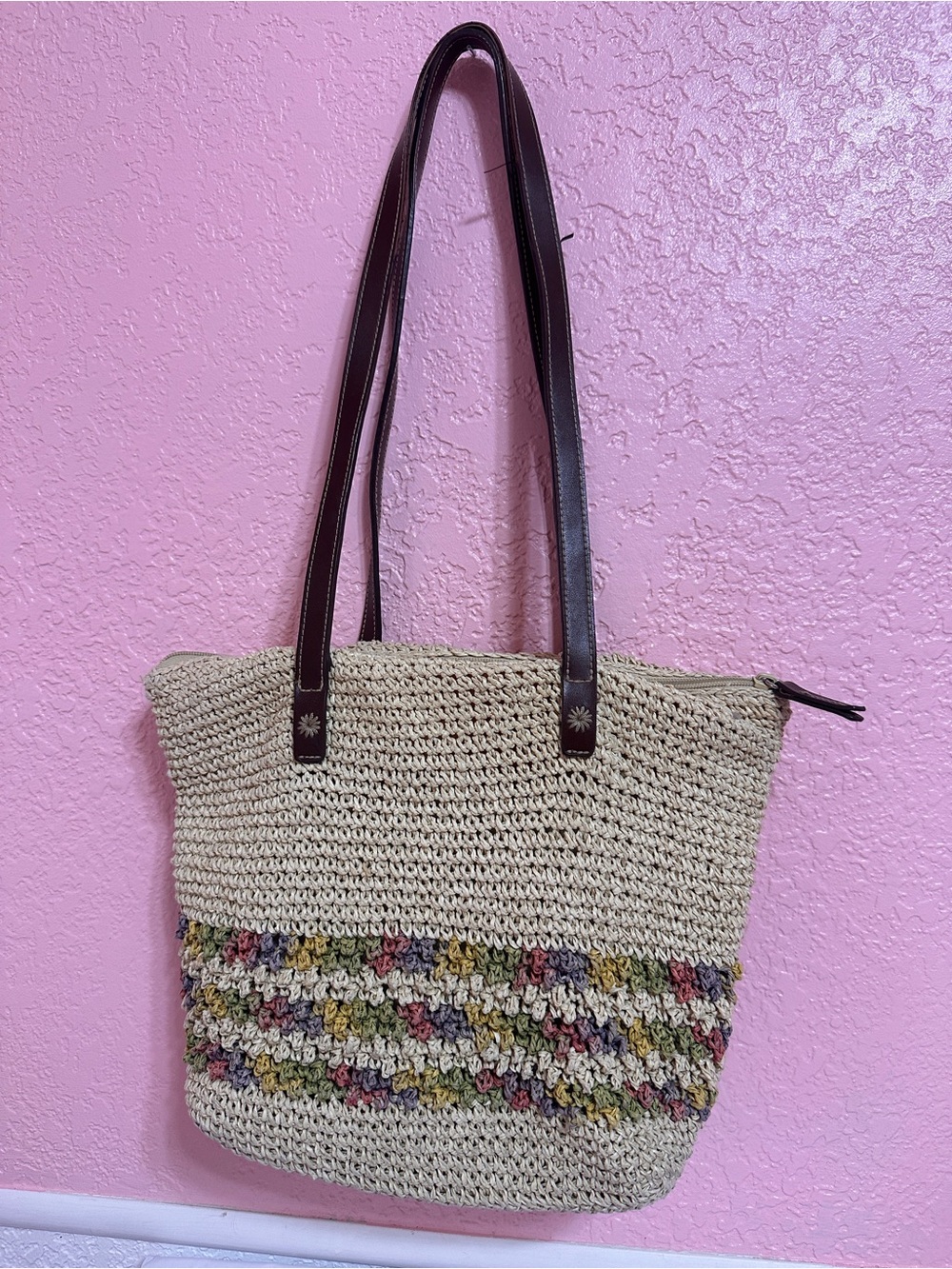 St John’s Bay Woven Straw Tote Bag with Multicolor Accent - Beige